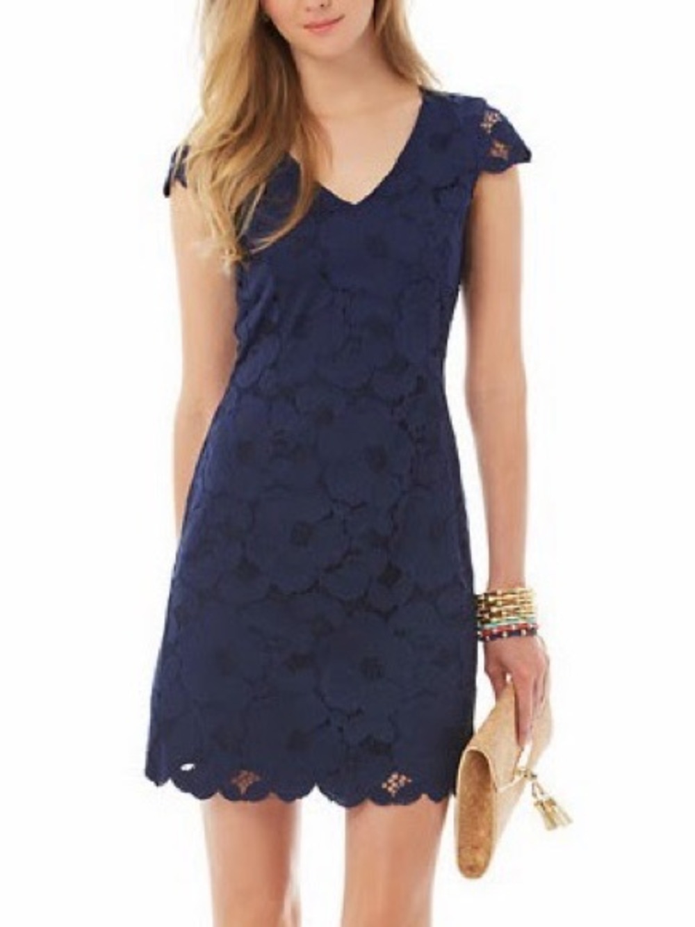 Lilly Pulitzer Dixie Navy Floral Lace Scallop Hem Shift Dress Cap Sleeve Size 8